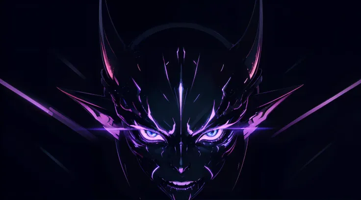 a close up of a demonic face with glowing purple lights