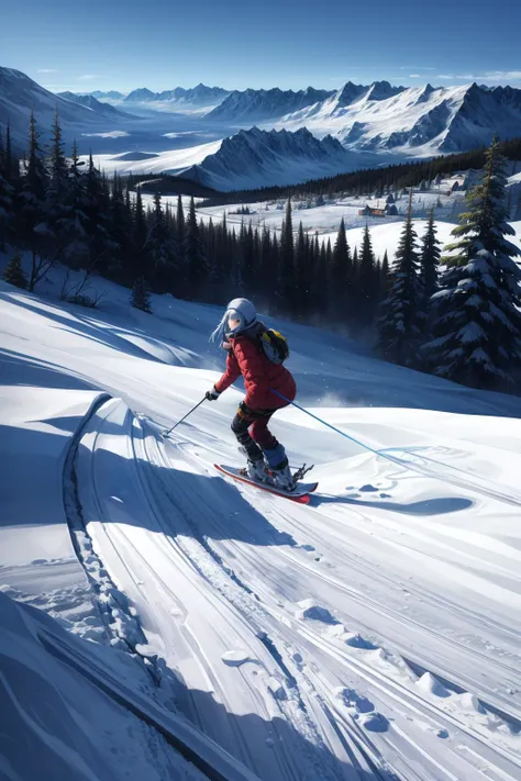 1girl, post-apocalypse, desolate ski resort, abandoned slopes, dilapidated lodges, echoes of winter joy, detailed background, <l...