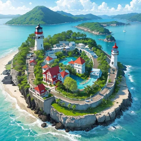 (Masterpiece:1.2, high quality), landscape, tropical island , lighthouse