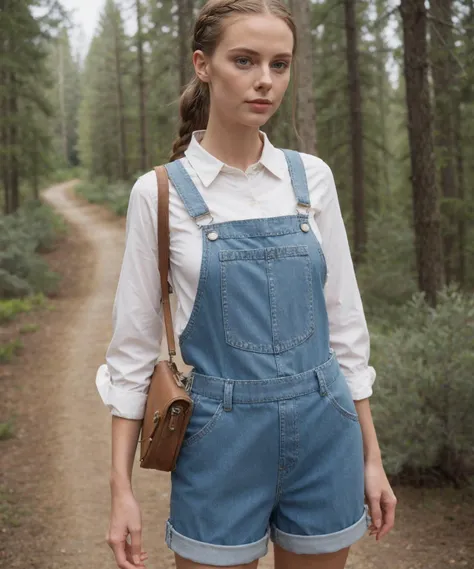 1970s (style) photo of fit, thin  21 year old  jp-Irena ,Braided crown, sunkissed glow, Denim overalls, bandana, clogs, Hiking trail with a vintage film camera, Panasonic Lumix GH5S, 25mm f/1.7, 1/320s, ISO 200