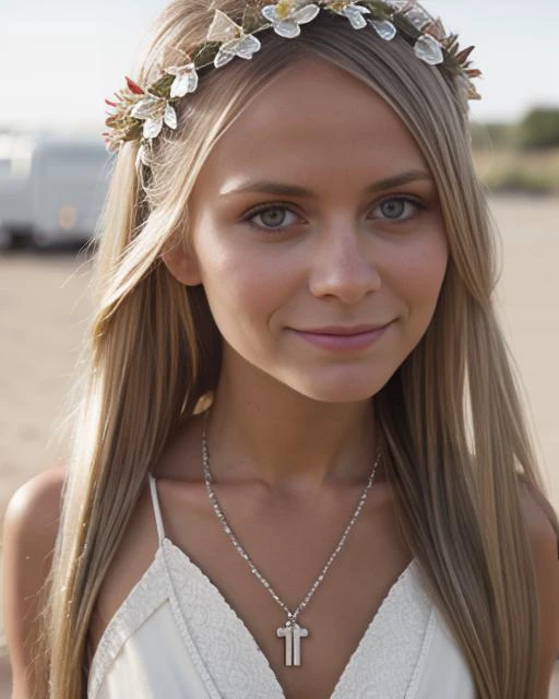 1960s (style) photo of fit, thin  21 year old  jp-SvetaF-v2 ,Long straight hair, flower crown, Bohemian maxi dress, peace sign necklace, Outdoor folk festival with campgrounds, Kodak Retina Reflex IV, 50mm f/1.9, 1/125s, ISO 200