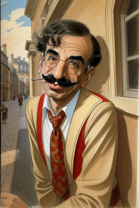 a painting of a man with a mustache and glasses on a street