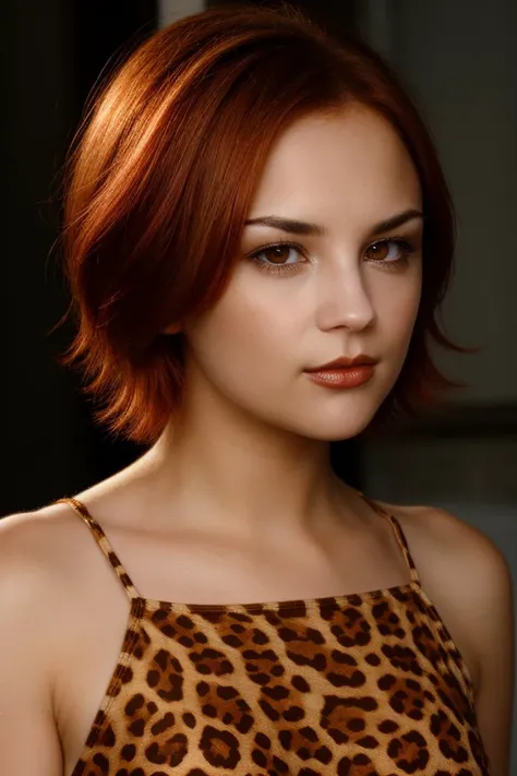 rlcook, a young woman <lora:rlcook:1.3> short hair, red hair,  metallic makeup, leopard print