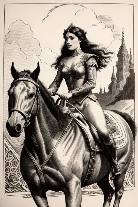 Woman riding a horse, illustration by Roy Krenkel, extremely detailed, intricate background details, close-up, beauty, clean ink lines, fine details, crosshatching shadows, etching