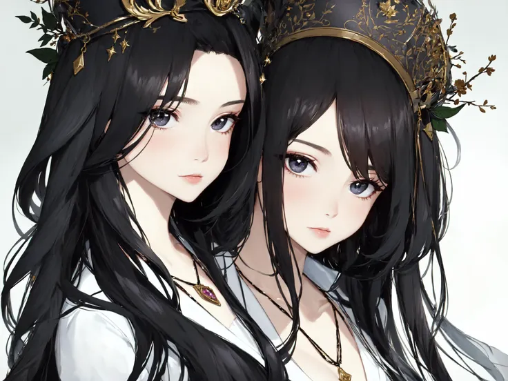 two anime girls with long black hair and crowns on their heads