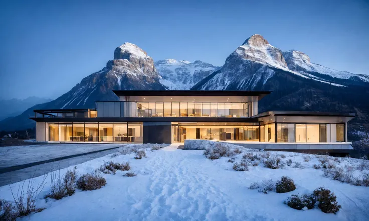 (masterpiece:1.2),( best quality:1.2), high quality, highres,buidiung,sleek,stone,modern architecture style,hyper detailed photo,midnight,(fog:0.3),human perspective,snow montain,