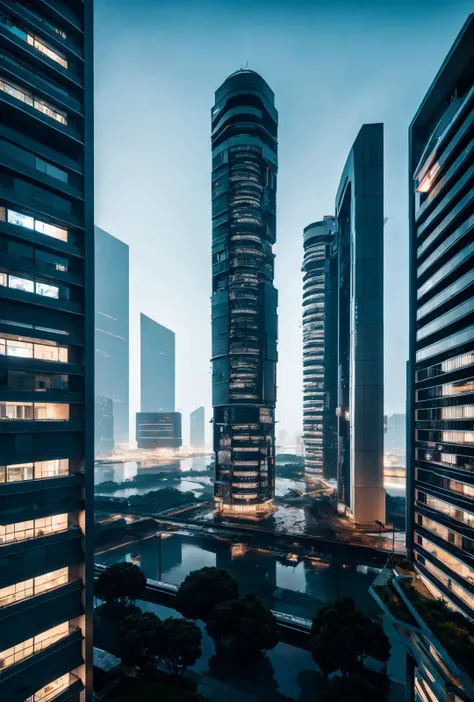 modern architecture style, photo realistic, hyper detailed photo, clean sky, ruined city, cyberpunk, night, rain, masterpiece, best quality, highres