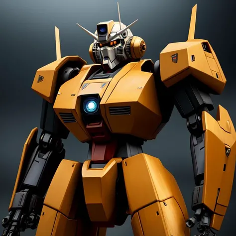 a (Gundam rx78:0.9) robot,  round eyes, yellow eyes, round helmet, with a Shield in the middle of the battlefield, (ultra-wide angle:0.65)(crystalline:0.91), (luminescence:0.43), (vibrant:0.91), in a valley, in a field, Steel, green and white, edge rust, a...