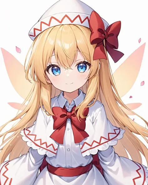 anime girl with long blonde hair wearing a white dress and red bow