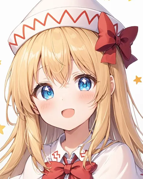 anime girl with blue eyes and a red bow in her hair