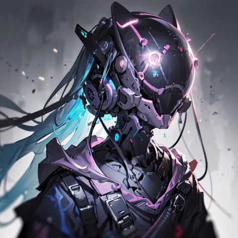 1boy, a cyborg in a cyberhelmet head mask in the style of Jin Kagetsu, James Jean and wlop, highly detailed, intricate filigree, holographic, iridescent, holographic undertones, pitch bending, purple, Masterpiece, best quality,  <lora:cyberhelmetWearable_c...