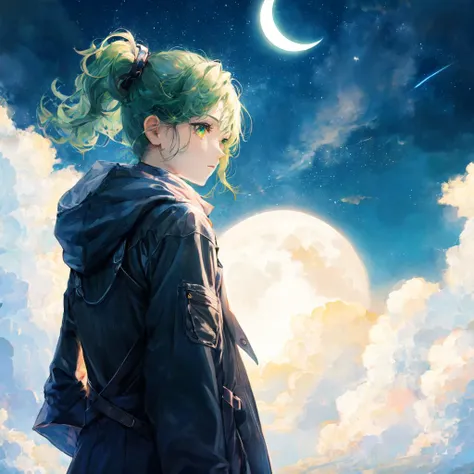 anime minimalist, 1girl, cloud, crescent moon, full moon, green hair, green theme, moon, moonlight, night, night sky, planet, red moon, shooting star, sky, solo, star (sky), star (symbol), starry sky, sun, Masterpiece, best quality, <lora:minimalistAnimeSt...