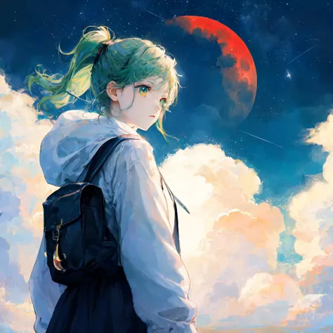 anime minimalist, 1girl, cloud, crescent moon, full moon, green hair, green theme, moon, moonlight, night, night sky, planet, red moon, shooting star, sky, solo, star (sky), star (symbol), starry sky, sun, Masterpiece, best quality, <lora:minimalistAnimeSt...