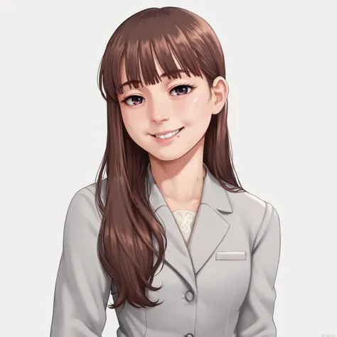 anime girl with long brown hair and a gray jacket