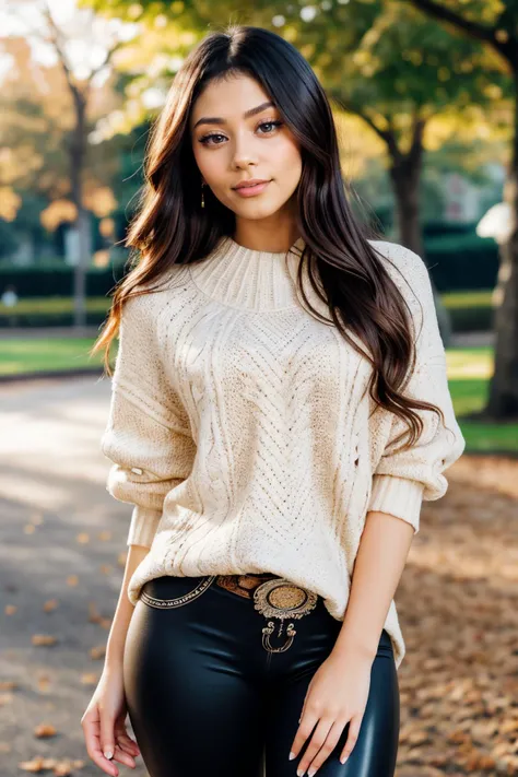 S360_XxlaynaMarie, (24 years old), long hair, smiling, modern photo, (wearing edgPO pullover, edgPO), <lora:edgPullovers:1>, (wearing leggings), (cowboy shot:1.3), (35mm, F/2.8) Photo Focus, DOF, Aperture, insanely detailed and intricate, character, hyperm...