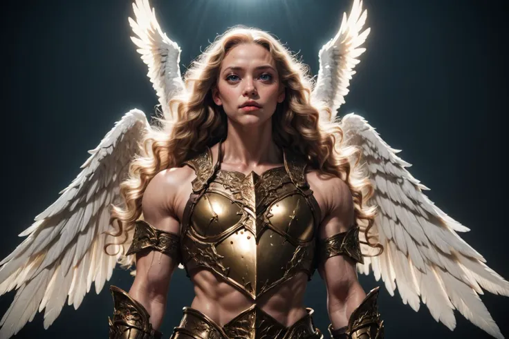 a woman in gold armor with wings and a halo