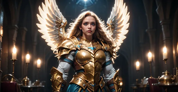 a woman in a gold and blue outfit with angel wings