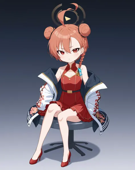 neru (blue archive),1girl, solo, halo, sitting, china_dress, looking_at_viewer, high_heels, double_bun, holding_fan, jacket, full_body, ahoge, mole_under_eye, open_mouth, folded_fan, single_braid, red_dress, bare_legs, red_footwear
<lora:neru_(blue_archive...