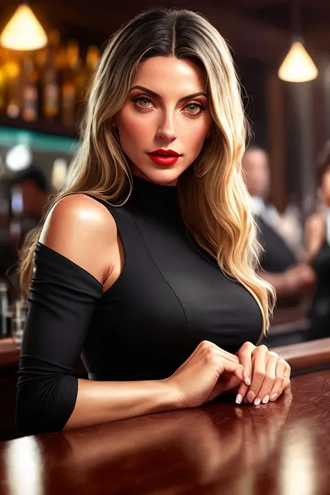 photo of (4shschultz:0.99), a woman (wearing a tight black dress with neckline:1.2), (sitting inside a bar), (with her hands behind her head:1.3), modelshoot style, (extremely detailed CG unity 8k wallpaper), photo of the most beautiful artwork in the worl...