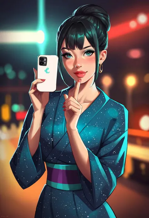 a woman in a blue dress holding a cell phone up to her face