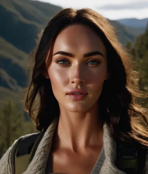 Megan_Fox,<lora:MeganFoXL:1>, portrait, close up, adult woman, masterpiece, best quality, ultra-detailed, solo, outdoors, (evening), mountains, nature, (summer, cloudy, windy), walking, backpack, sweater, hiking suit, forest, rocks, river, wood, smoke, sha...