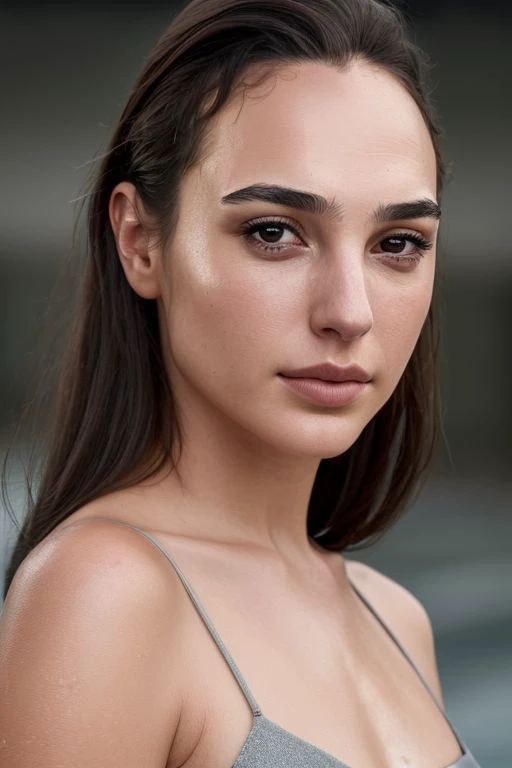 (close-up:1.0) portrait of (young:1.0) sks woman, (oiled shiny skin:1.0), (subtle profile angle:1.0),
(8k uhd:1.0), (best quality:1.0), (masterpiece:1.0), (sharp focus:1.0), (simple-grey-backdrop:1.0),
 <lora:CR-Gal-Gadot-small-v1-malcolmrey:0.8>