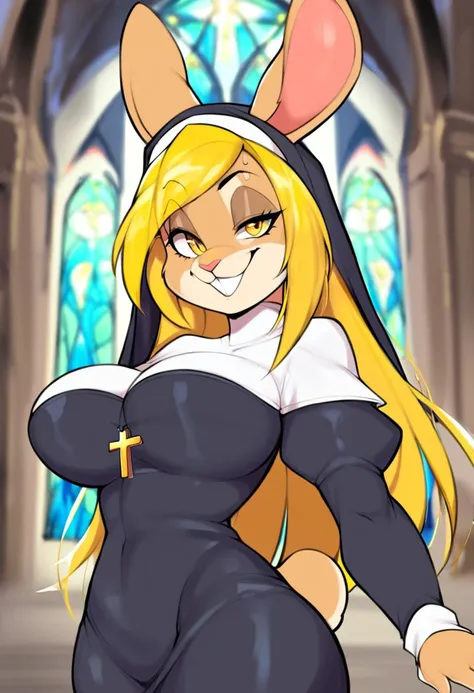 score_9, score_8_up, score_7_up, furry_source, furry rabbit, rabbit girl, long blonde hair, (evil smile), evil green, church interior, dark church, 1girl, solo, blonde hair, long hair, straight hair, nun, yellow eyes, rabbit, upper torso and head, raising ...