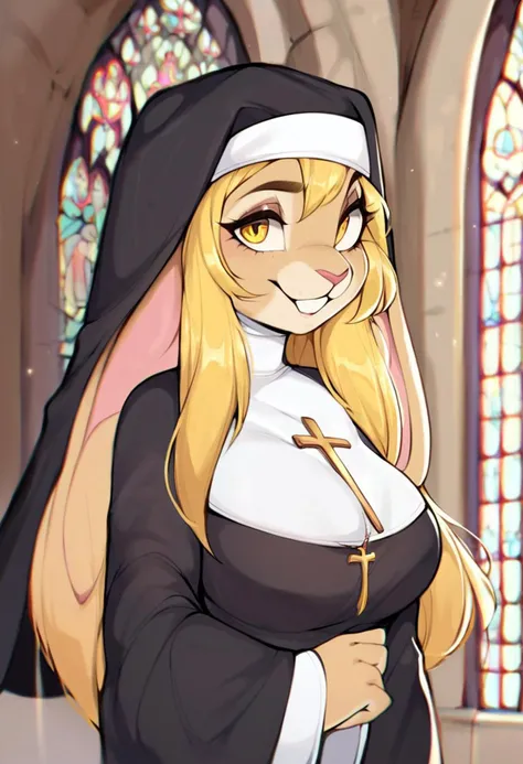 score_9, score_8_up, score_7_up, furry_source, furry rabbit, rabbit girl, long blonde hair, (evil smile), church interior, 1girl, solo, blonde hair, long hair, straight hair, nun, yellow eyes, habit, focus on head half body, big chest, small eyes, adult wo...