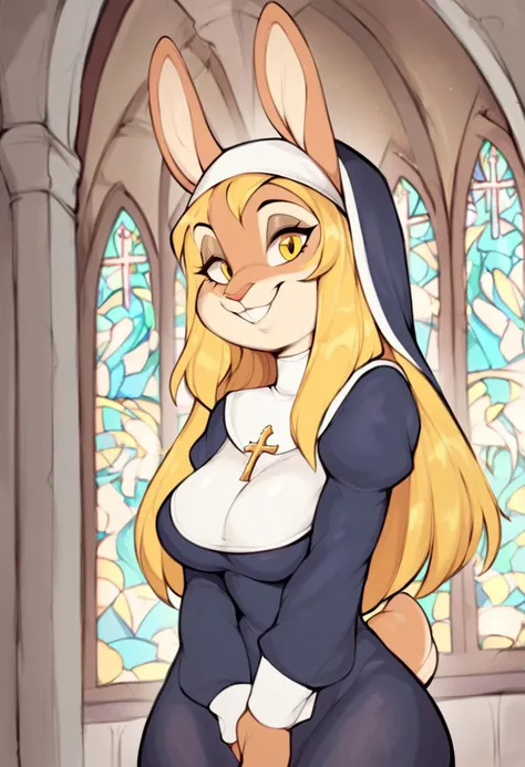 score_9, score_8_up, score_7_up, furry_source, furry rabbit, rabbit girl, long blonde hair, (evil smile), church interior, 1girl, solo, blonde hair, long hair, straight hair, nun, yellow eyes, habit, focus on head half body, big chest, small eyes, adult wo...