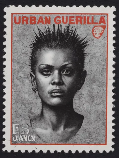 1977, contemporary, postage stamp, detailed, punk head, text says "urban guerilla", <lora:so77-XL:0.4>