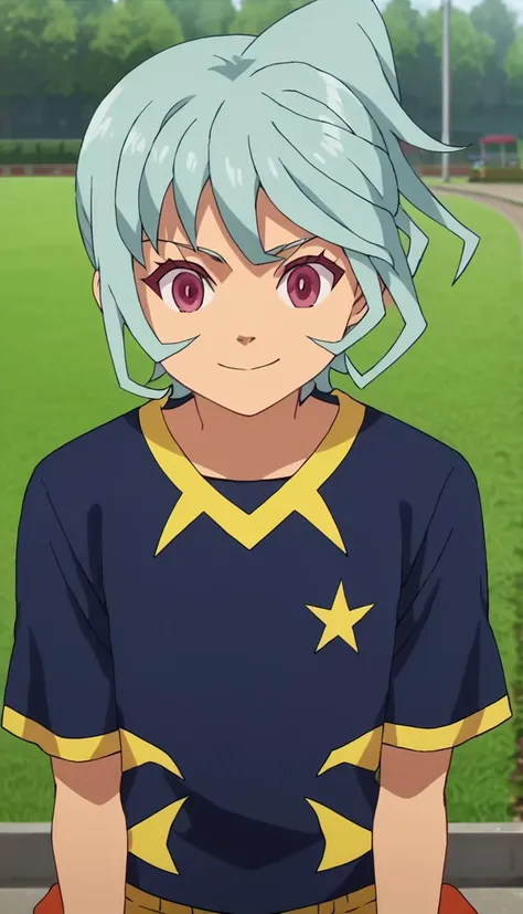 a close up of a person with a blue hair and a shirt