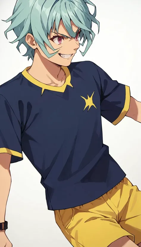 score_9, score_8_up, score_7_up, score_6_up, score_5_up, score_4_up, source_anime, simple background, pose, evil grin, yellow shorts, blue shirt,, 1boy, lucy fanos, aqua hair, pink eyes, <lora:Luci_Fanos:0.8>