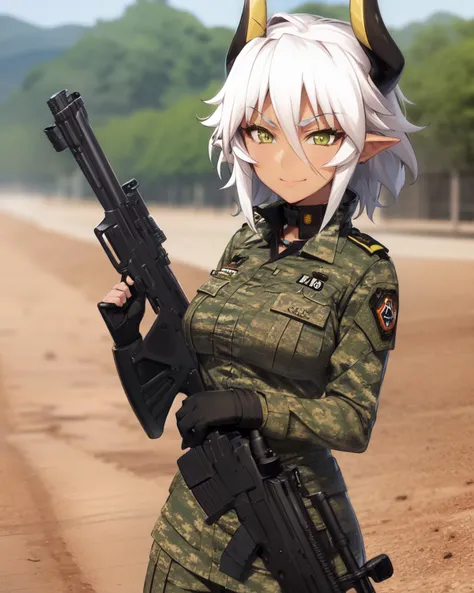 <lyco:Zest-NAI-LyCORIS:0.8>
1girl, solo, zste, (zhorns:1.2), wearing army fatigues, camouflage, holding machine gun, v_eyebrows, smirk, smile