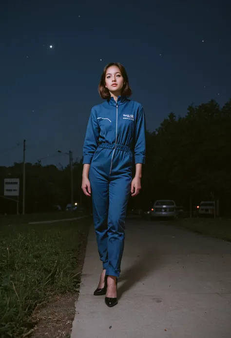 a woman in a blue jumpsuit standing on a sidewalk