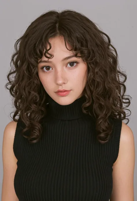 a close up of a woman with a black top and a black belt