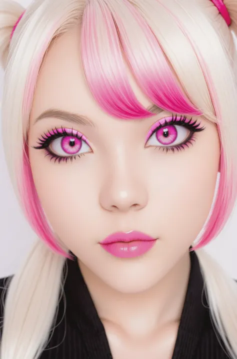 1girl, white hair, pink highlights, twin tails, pink eyeliner, pink eyes, slit eyes, pink nails, pink lipstick, clothed, big breast,),