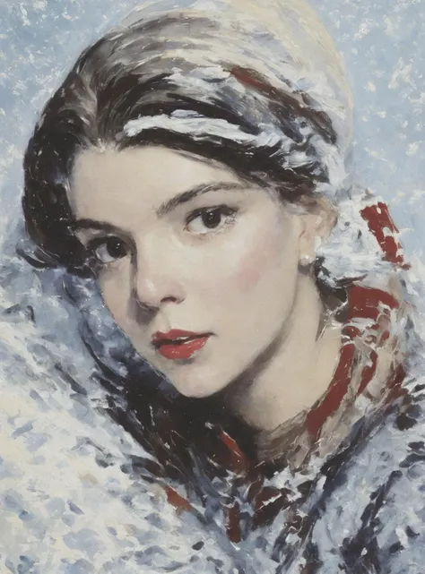 Masterpiece classical art painting of sks woman  <lora:locon_anya:1.4>, in the winter snow (academic art), (realism:1.3), (painted by john reinhard weguelin)