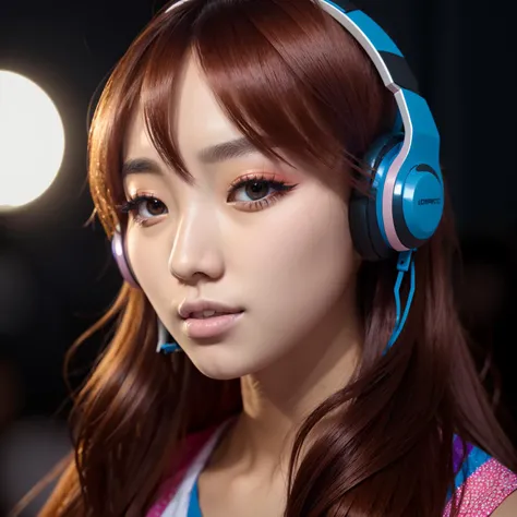 1girl, beautiful korean college redhead girl dj, colorful clothes, quirky, vibrant appearance, playful accessories, creative behavior, imaginative, sensual, spontaneous, dj headphones, mixing console, music club, night club, hyper detailed, detailed face, ...