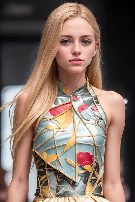 a close up photo of blonde CeceGiacinti, 1girl with aquiline nose, with long hair walking down a runway, stained glass wings, close-up print of fractured, geenss archenti flores, river island,, 8k, hdr, soft portrait shot 8 k, 7 0 mm portrait, piercing eye...