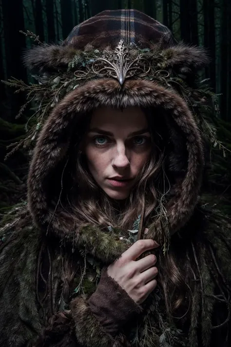 portrait of adorable face, glaring eyes, breathing mouth, attractive woman, brown Braids, 
cute forest grotto, overgrown, debris, wild animals, 
wearing colorful patterns, feathered hood, (holding sword:1.0), wearing boots,
low-key lighting, lowlight photo...