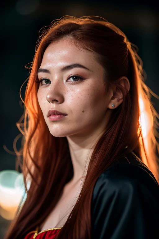 close-up shot of a beautiful russian women by night, long red hair, freckles, tatoos, traditional korean suit, serious look, medieval korean village, haze, halation, bloom, dramatic atmosphere, rule of thirds, 200mm 1.4f macro shot <lora:epiNoiseoffset_v2:...