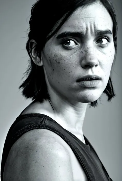 3ll13tl02 <lora:EllieTLOU_3ll13tl02:0.75> , youthful female, Ellie Williams, Last of Us, upper body shot, character concept, detailed, accurate, rendering, Richard Avedon, black and white photography, contemporary, raw, candid, intimate, personal, emotiona...