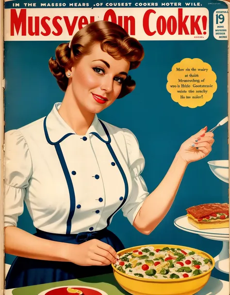 (best quality, masterpiece), A plump 1950s housewife, on the cover of a 1950s cooking magazine