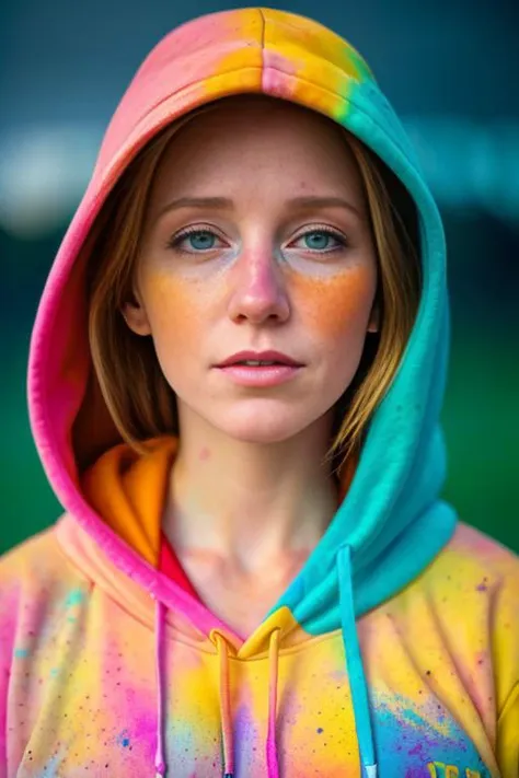 a close up of a woman with a hoodie on and a colorful hoodie