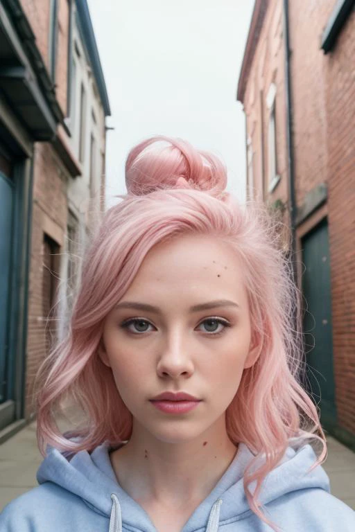 a woman with pink hair and a blue hoodie standing in a alleyway