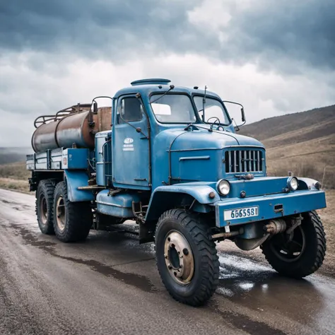 there is a blue truck that is driving down the road