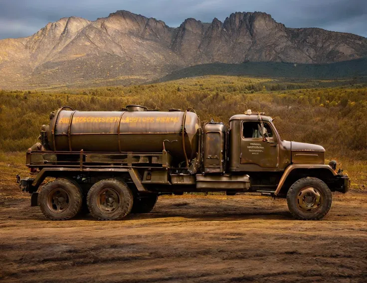 there is a large truck that is parked in the dirt