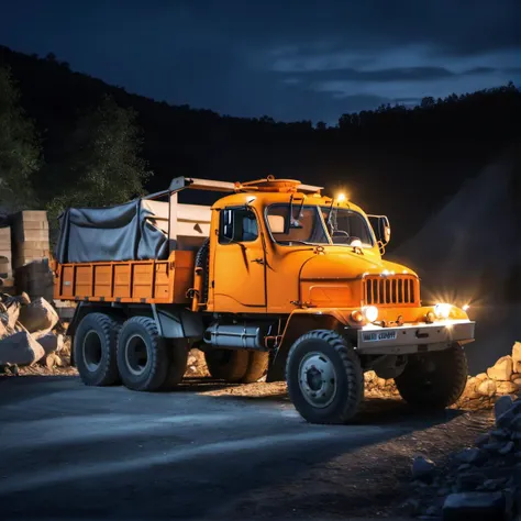 professional photo cinematic film still photo, orange construction truck, front view, dynamic, in night  quarry, <lora:PragaV3S-SDXL:1> , dark . shallow depth of field, vignette, highly detailed, high budget Hollywood movie, bokeh, cinemascope, moody, epic...