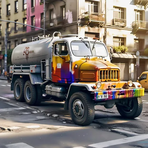 there is a truck that is painted with a lot of colors