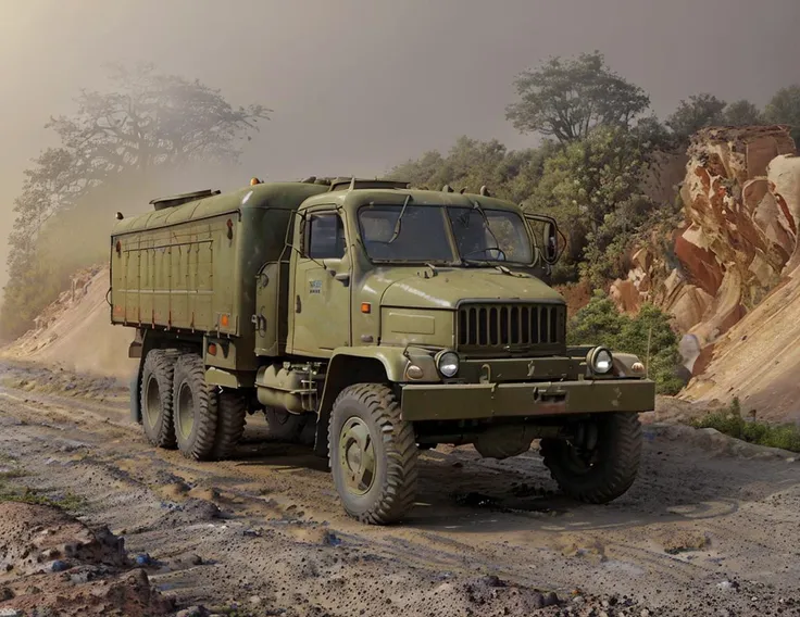 there is a large green truck driving down a dirt road